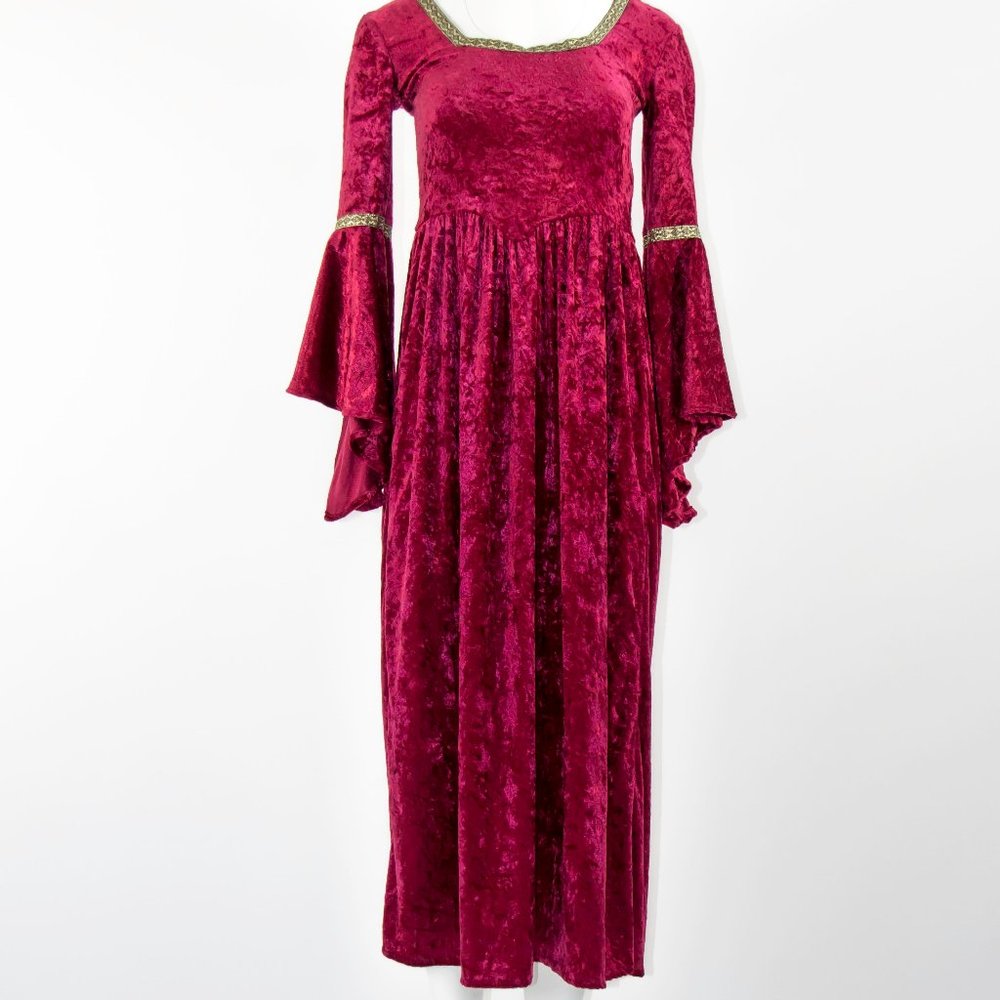 Vintage Red Burgundy Velvet Medieval Gothic Dress Gown Long Sleeve Small